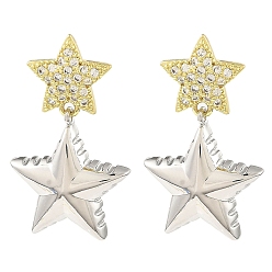 Real 18K Gold Plated Rack Plating Brass Micro Pave Cubic Zirconia Star Dangle Stud Earrings, Long-Lasting Plated, Lead Free & Cadmium Free, Real 18K Gold Plated, 33.5x19.5mm