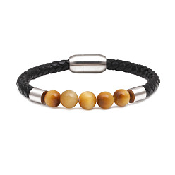Tiger's Eye Stone Stainless Steel Magnetic Clasp Leather Bracelet - European and American Men's Emperor Stone Bead Bracelet