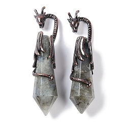 Лабрадорита Большие подвески с ограненными заостренными пулями из натурального лабрадорита, стойка с латунными подвесками в виде дракона, без свинца и без кадмия, Красная медь, 73.5~78.5x15.5~16.5x15.5~16.5 мм, отверстие : 4x2.5 мм