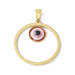 FireBrick Vacuum Plating 304 Stainless Steel Resin Pendants, Golden, Ring Charms with Evil Eye, FireBrick, 37x33.5x4mm, Hole: 9x4.5mm