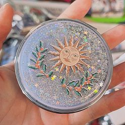 Sun Sequin Quicksand Plastic Foldable Mirrors, with Glass Mirror Surface, Round Compact Pocket Mirror for Wiccan, Sun, 7cm