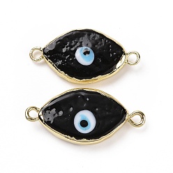Black Handmade Horse Eye Evil Eye Lampwork Links Connectors, with Golden Tone Brass Finding, Long-Lasting Plated, Cadmium Free & Lead Free, Black, 14x28x5mm, Hole: 1.8mm