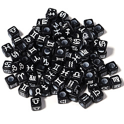Black Opaque Acrylic Beads, Cube with Random Twelve Constellations, Black, 7x7x7mm, Hole: 3.8mm, 50pcs/bag