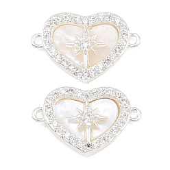Plata Dijes de conector de zirconia cúbica transparente con micro pavé de latón, corazón con enlaces de la estrella polar, con cáscara natural, chapado en rack, larga duración plateado, plata, 10x3x15 mm, agujero: 0.8 mm