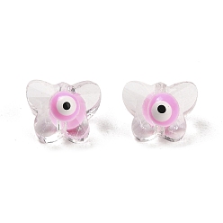 Pink Perles de verre émaillées transparentes, papillon avec le mauvais œil, rose, 8x10x6.5~7mm, Trou: 1mm