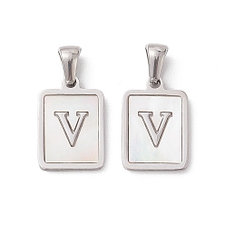 Letter V 304 Stainless Steel Pave Shell Pendants, Rectangle Charm, Stainless Steel Color, Letter V, 17.5x12x1.5mm, Hole: 3x5mm