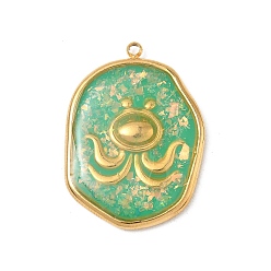 Spring Green 304 Stainless Steel Epoxy Resin with Natural Shell and Sequins Inside Pendants, Oval with Fish Charms, Real 18K Gold Plated, PVD Vacuum Plating, Spring Green, 28x20x2mm, Hole: 1.6mm