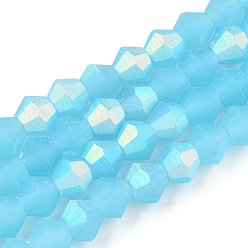 Light Sky Blue Imitation Jade Bicone Frosted Glass Bead Strands, Half AB Color Plated, Faceted, Light Sky Blue, 4x4mm, Hole: 1mm, about 86~89pcs/strand, 12.20~12.68 inch(31~32.2cm)