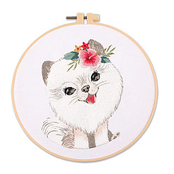 Dog DIY Puppy Dog Embroidery Kit for Beginners, Included Plastic Embroidery Hoop, Needle, Threads, Cotton Fabric, Pomeranian Pattern, Hoop: 20x20cm