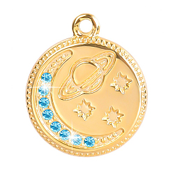 Golden 201 Stainless Steel Rhinestone Pendants, Flat Round with Planet & Moon & Star Charm, Golden, 17x14x2mm, Hole: 1.2mm