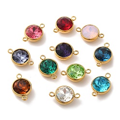 Mixed Color Ion Plating(IP) Golden Plated 304 Stainless Steel Connector Charms, with Glass Rhinestone, Flat Round Links, Mixed Color, 21x14x8mm, Hole: 2mm