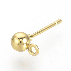 Golden Iron Ball Stud Earring Findings, with Loop, Nickel Free, Golden, 6.5x4mm, Hole: 1mm, Pin: 0.8mm