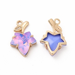 Tanzanite Brass with K9 Glass Charms, Golden Maple Leaf Charms, Tanzanite, 20.5x13.5x5.5mm, Hole: 1.8mm