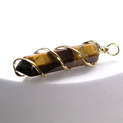 Tiger Eye Natural Tiger Eye Copper Wire Wrapped Pointed Pendants, Faceted Bullet Charms, Golden, 45x10mm