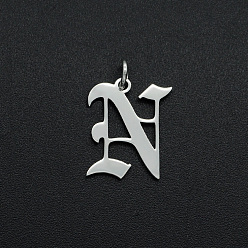 Letter N 304 Stainless Steel Pendants, with Jump Ring, Old English, Letter, Laser Cut, Stainless Steel Color, Letter.N, 15.5x13x1mm, Hole: 3mm