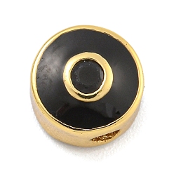 Черный Стойки обшивки латунь микро проложить кубического циркония бусы, с эмалью, без кадмия и без свинца, долговечный, реальный 18 k позолоченный, плоские круглые с сглаза, чёрные, 7.5x6 мм, отверстие : 1.8 мм