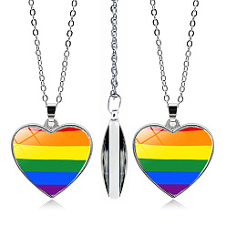 Colorful Pride Rainbow Flag Glass Heart Pendant Necklace, with Alloy Cable Chains, Colorful, 17.72 inch(45cm)