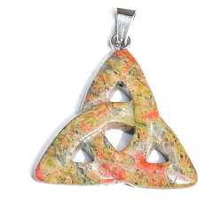 Unakite Saint Patrick's Day Natural Unakite Pendants, Triquetra Knot Charms with Platinum Plated Metal Snap on Bails, 34x6mm