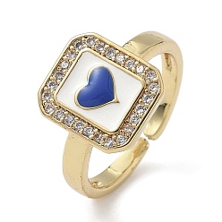 Синий Латунные микро проложить манжеты кольца кубического циркония, с эмалью, прямоугольник и сердце, долговечный, стойки покрытие, без свинца и без кадмия, реальный 18 k позолоченный, синие, 12x11 мм