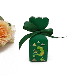 Dark Green Rectangle Shape Candy Packaging Box, Wedding Party Gift Box, with Ribbon, Dinosaur Pattern, Dark Green, 5x5x6cm