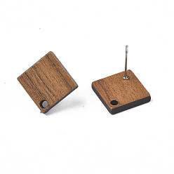 Coconut Brown Walnut Wood Stud Earring Findings, with 304 Stainless Steel Pin, Rhombus, Coconut Brown, 17x17mm, Hole: 1.6mm, Pin: 0.7mm
