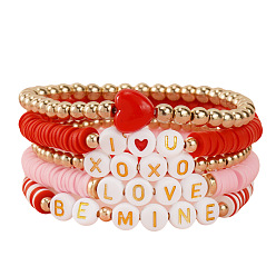 Red Polymer Clay & Plastic & Acrylic Heart Letter Beaded Stretch Adjustable Stackable Bracelet Sets for Women, Red, 6.89 inch(17.5cm), 5pcs/set
