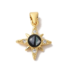 Черный Стойки обшивки латунь кубического циркония подвески, с эмалью и ракушкой, долговечный, без свинца и без кадмия, реальный 18 k позолоченный, звезда, чёрные, 18x15x4 мм, отверстие : 5x4 мм