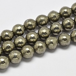 Pyrite Natural Pyrite Round Beads Strands, Faceted(128 Facets), Grade A, 6mm, Hole: 1mm, about 67pcs/strand, 16 inch