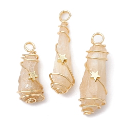 Wheat Electroplated Natural Quartz Crystal Dyed Copper Wire Wrapped Pendants, Teardrop Charms with Brass Star, Golden, Wheat, 28~39x8~12x8mm, Hole: 4mm