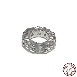 Real Platinum Plated Rhodium Plated 925 Sterling Silver European Beads, Large Hole with Cubic Zirconia, Column, Real Platinum Plated, 9x2.6mm, Hole: 5mm