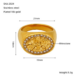 Золотой 304 из нержавеющей стали горный хрусталь палец кольца, овальные с цветком, золотые, размер США 7 (17.3 мм)