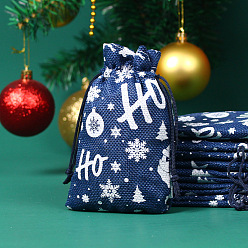 Marine Blue Christmas Theme Linenette Drawstring Bags, Rectangle with Santa Claus, Marine Blue, 14x10cm