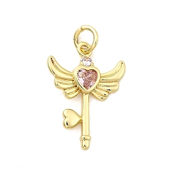 Pink Латунь с кубическим цирконием подвеской, крылья с ключами, стойки покрытие, долговечный, без кадмия и без свинца, золотые, с целью перехода в кольце, розовые, 20x15x2.5 мм, отверстие : 3.3 мм