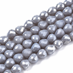 Dark Gray Opaque Glass Beads Strands, AB Color Plated, Faceted, Teardrop, Dark Gray, 4.5x4.5mm, Hole: 1mm, about 99~101pcs/strand, 17.64 inch~18.03 inch(44.8cm~45.8cm)