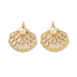 Настоящее золото 18K Латунные микропаве прозрачные кубические циркониевые подвески, с абс пластмассовыми жемчужными бисером, без кадмия и без свинца, долговечный, стойки покрытие, лист прелести, реальный 18 k позолоченный, 22x22x6 мм, отверстие : 3 мм