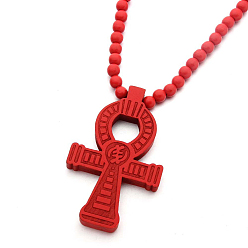 Red Wood Ankh Cross Pendant Necklace with Round Beaded for Men Women, Red, 35.43 inch(90cm)