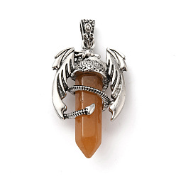 Red Aventurine Natural Red Aventurine Pointed Pendants, Faceted Bullet Charms, with Rack Plating Platinum Tone Alloy Dragon Findings, Cadmium Free & Lead Free, 39~41x24~25x13~14mm, Hole: 4x8mm