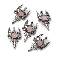 Rose Quartz Natural Rose Quartz Pendants, Sword Charms, with Rack Plating Antique Silver Tone Alloy Findings, Cadmium Free & Lead Free, Faceted, 48x29x6.5mm, Hole: 6x3.5mm