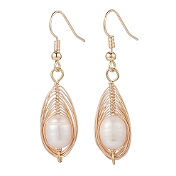 Golden Natural Pearl Teardrop Dangle Earrings, Brass Wire Wrap Drop Earrings with 304 Stainless Steel Pins for Women, Golden, Pendant: 29x12x10mm, 46mm, Pin: 0.9mm
