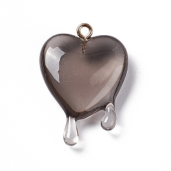 Gray Transparent Resin Pendants, with Light Gold Iron Loops, Melting Heart Charms, Gray, 30~30.5x21~21.5x7mm, Hole: 1.6mm