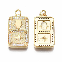 Real 18K Gold Plated Brass Micro Pave Clear Cubic Zirconia Pendants, Nickel Free, Rectangle with Star & Hamsa Hand, Real 18K Gold Plated, 25x23x3mm, Jump Ring: 5x0.7mm, 3mm inner diameter