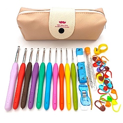 Mocasín Kits de herramientas para tejer diy, incluyendo gancho y aguja de crochet, marcador de punto, abrazadera, soporte para el dedo, cinta métrica, bolsa de almacenamiento con cremallera, mocasín, tamaño del paquete: 210x100x30 mm