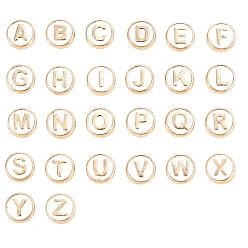 Weiß Legierung Emaille-Perlen, flach rund mit Brief, Licht Gold, weiß, 8x3.5 mm, Bohrung: 1.4 mm, 100 Stück / Beutel