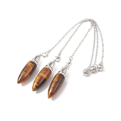 Тигровый глаз Подвесные маятниковые подвески с тигровым глазом, пулевые чары, латунная фурнитура с платиновым покрытием, 235x2.5 мм, отверстие : 1.7 мм