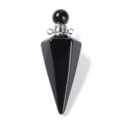 Обсидиан Натуральный обсидиан, граненый конус, открывающийся флакон для духов, большие подвески, с 304 фурнитурой из нержавеющей стали, цвет нержавеющей стали, 49.5~51.5x18.5x18.5 мм, отверстие : 1.8 мм