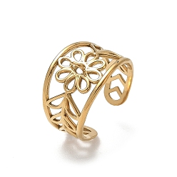Golden 304 Stainless Steel Cuff Open Ring Setting, with Loop, Hollow Flower & Leaf, Ion Plating(IP), Golden, 14mm, Hole: 2.5mm, US Size 8 1/2(18.5mm)