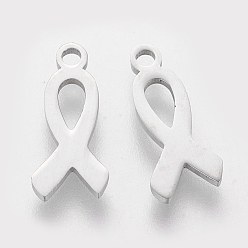 Stainless Steel Color 304 Stainless Steel Charms, Awareness Ribbon, Stainless Steel Color, 14.5x6.1x1mm, Hole: 1.5mm