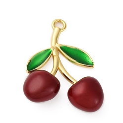 Темно-Красный Подвески из латуни, зеленой эмали и пластика с вишней, фруктовые прелести, реальный 18 k позолоченный, стойки покрытие, долговечный, без кадмия и без свинца, темно-красный, 41.5x32.5x11.5 мм, отверстие : 3x3.5 мм