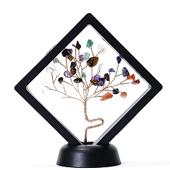 Mixed Stone Natural Gemstone Tree of Life Feng Shui Ornamentss, with Plastic Floating Display Cases, Home Display Decorations, Rhombus, 90x20x90mm