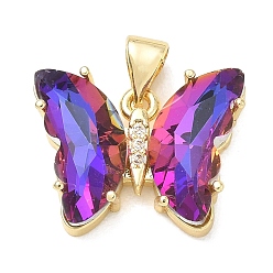 Purple Brass Micro Pave Clear Cubic Zirconia Pendants, with Glass, Butterfly Charms, Lead Free & Cadmium Free, Long-Lasting Plated, Rack Plating, Real 18K Gold Plated, Purple, 15x19x5mm, Hole: 5x3.5mm